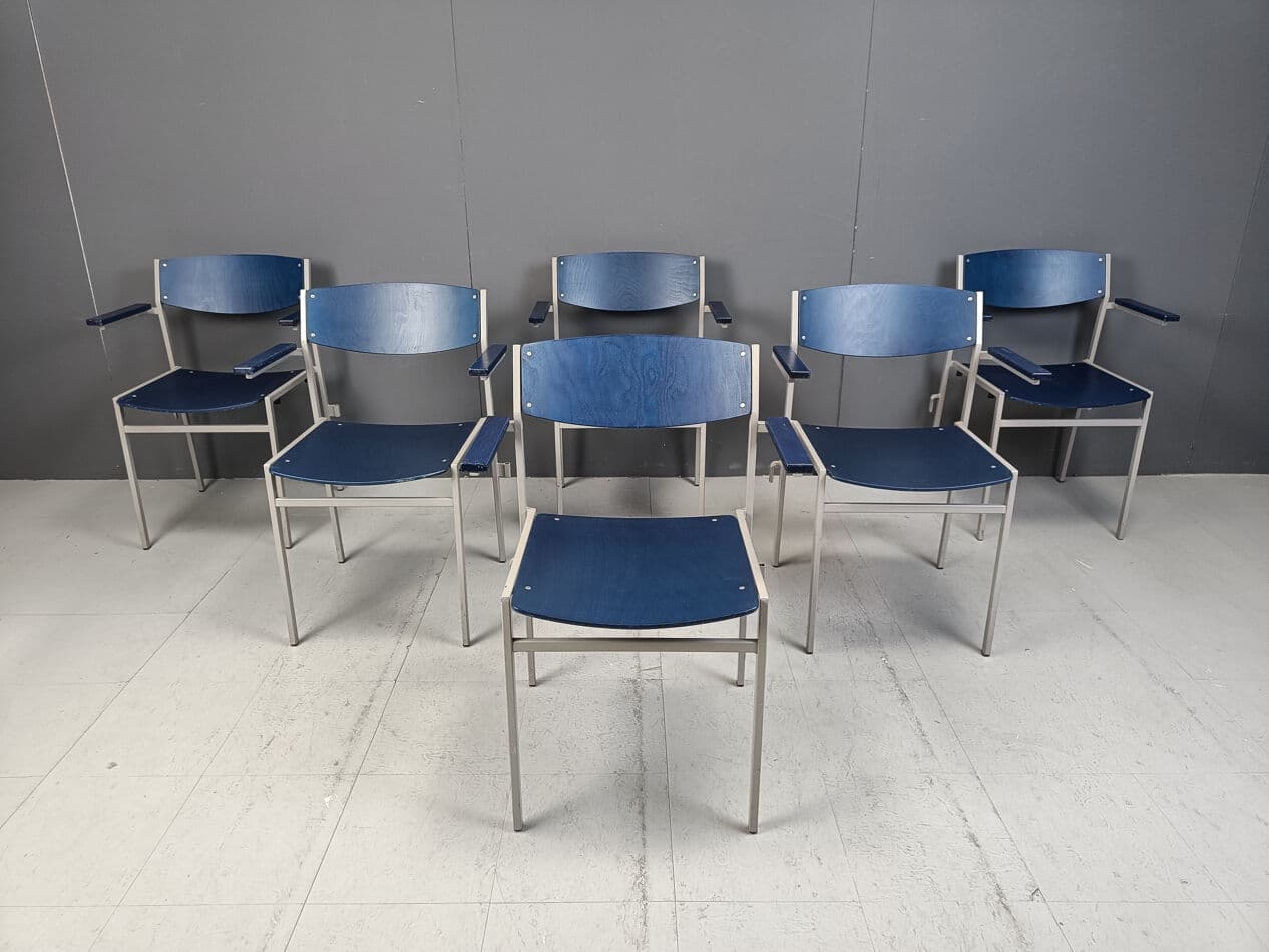Set of six armchairs, navy blue plywood, grey metal, by G. Van Der Sluis, Netherlands, 1960s. - 331509