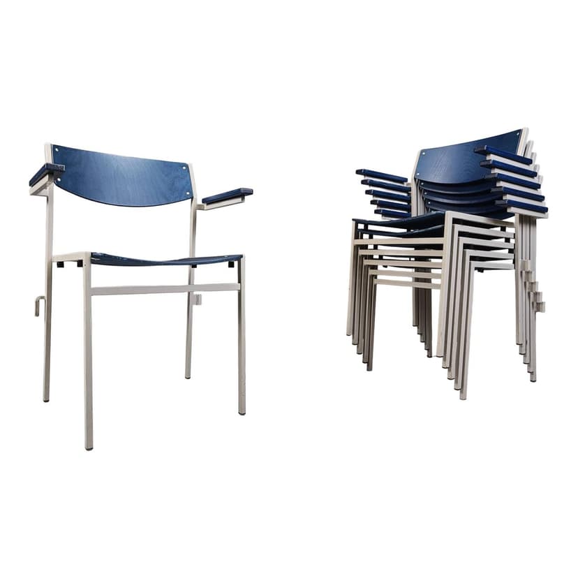 Set of six armchairs, navy blue plywood, grey metal, by G. Van Der Sluis, Netherlands, 1960s.