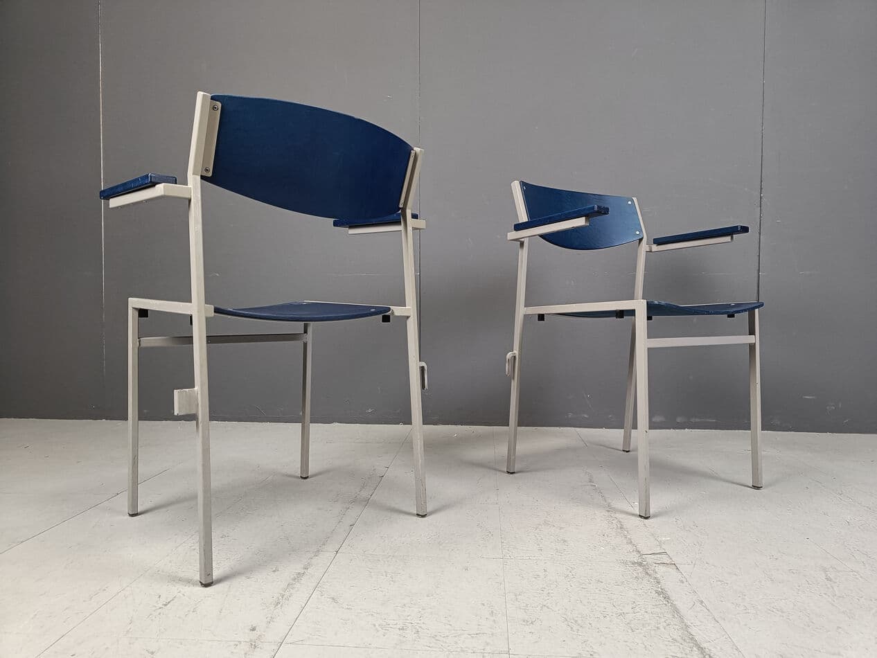 Set of six armchairs, navy blue plywood, grey metal, by G. Van Der Sluis, Netherlands, 1960s. - 331512