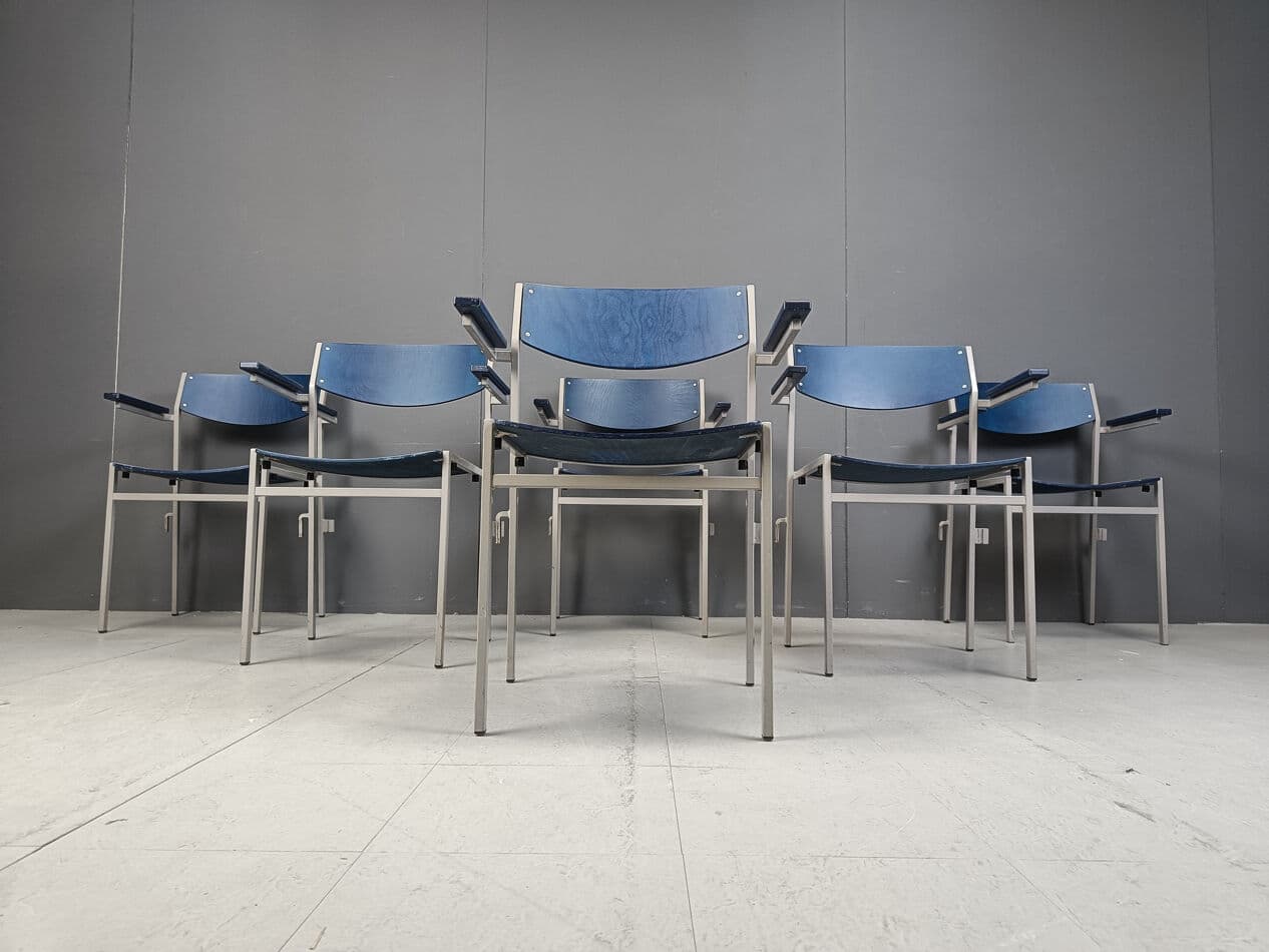 Set of six armchairs, navy blue plywood, grey metal, by G. Van Der Sluis, Netherlands, 1960s. - 331510