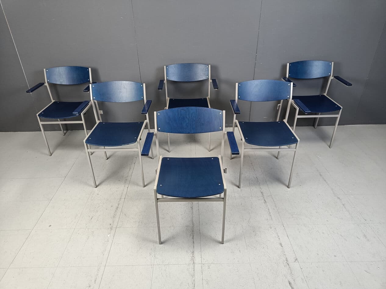 Set of six armchairs, navy blue plywood, grey metal, by G. Van Der Sluis, Netherlands, 1960s. - 331511