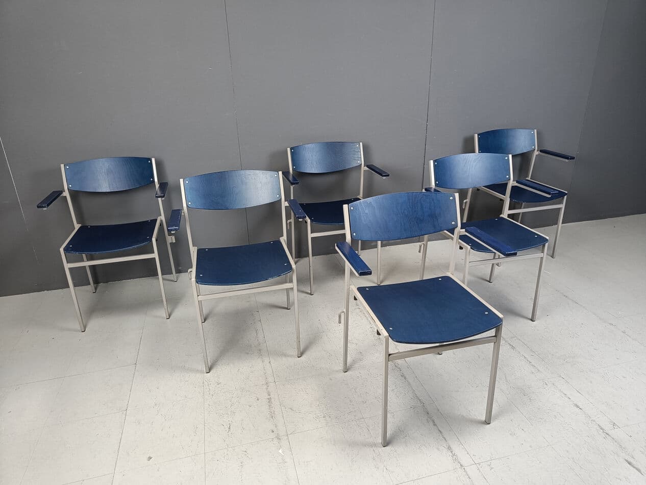 Set of six armchairs, navy blue plywood, grey metal, by G. Van Der Sluis, Netherlands, 1960s. - 331506