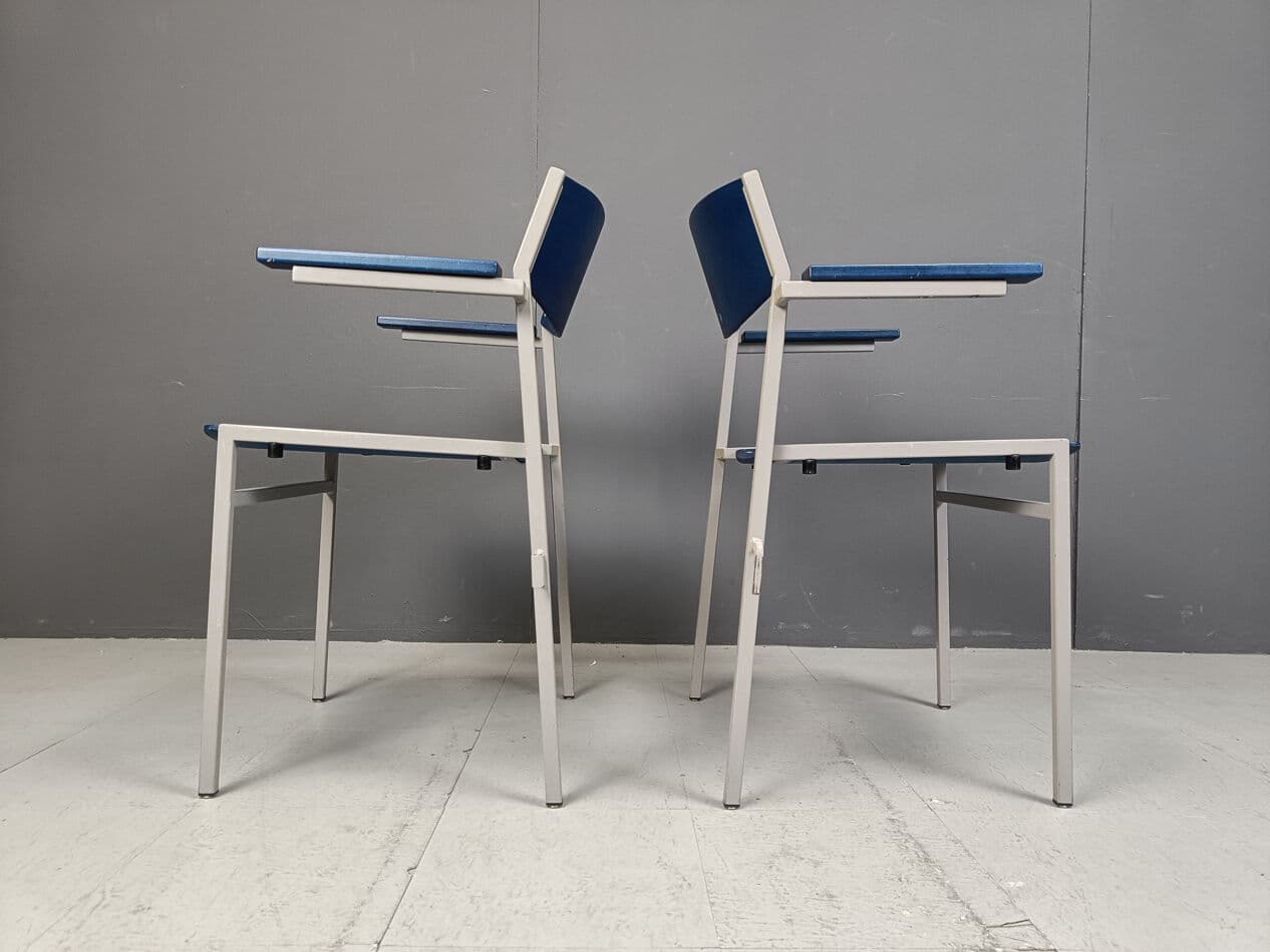 Set of six armchairs, navy blue plywood, grey metal, by G. Van Der Sluis, Netherlands, 1960s. - 331504