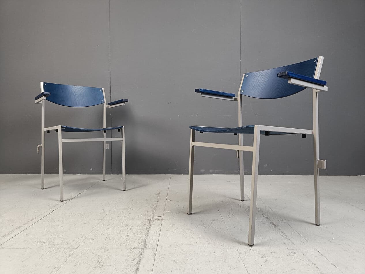 Set of six armchairs, navy blue plywood, grey metal, by G. Van Der Sluis, Netherlands, 1960s. - 331503