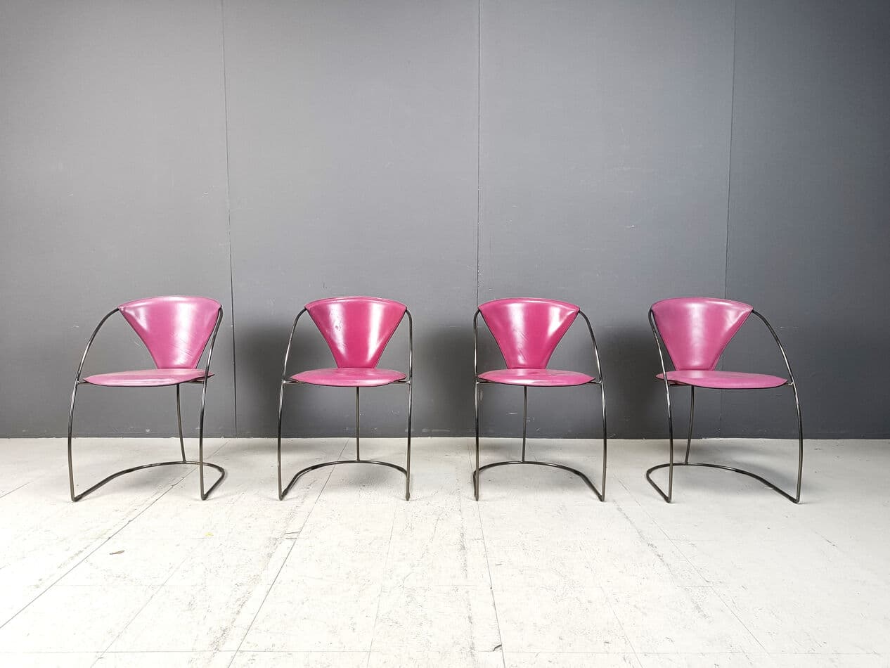 Set of four chairs Linda, pink leather, black metal, Arrben, Italy, 1980s. - 331483