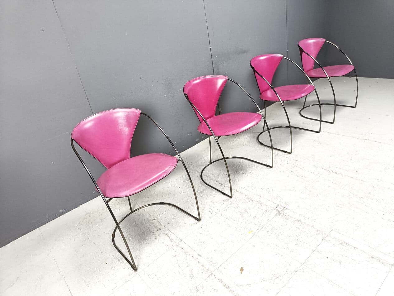 Set of four chairs Linda, pink leather, black metal, Arrben, Italy, 1980s. - 331482