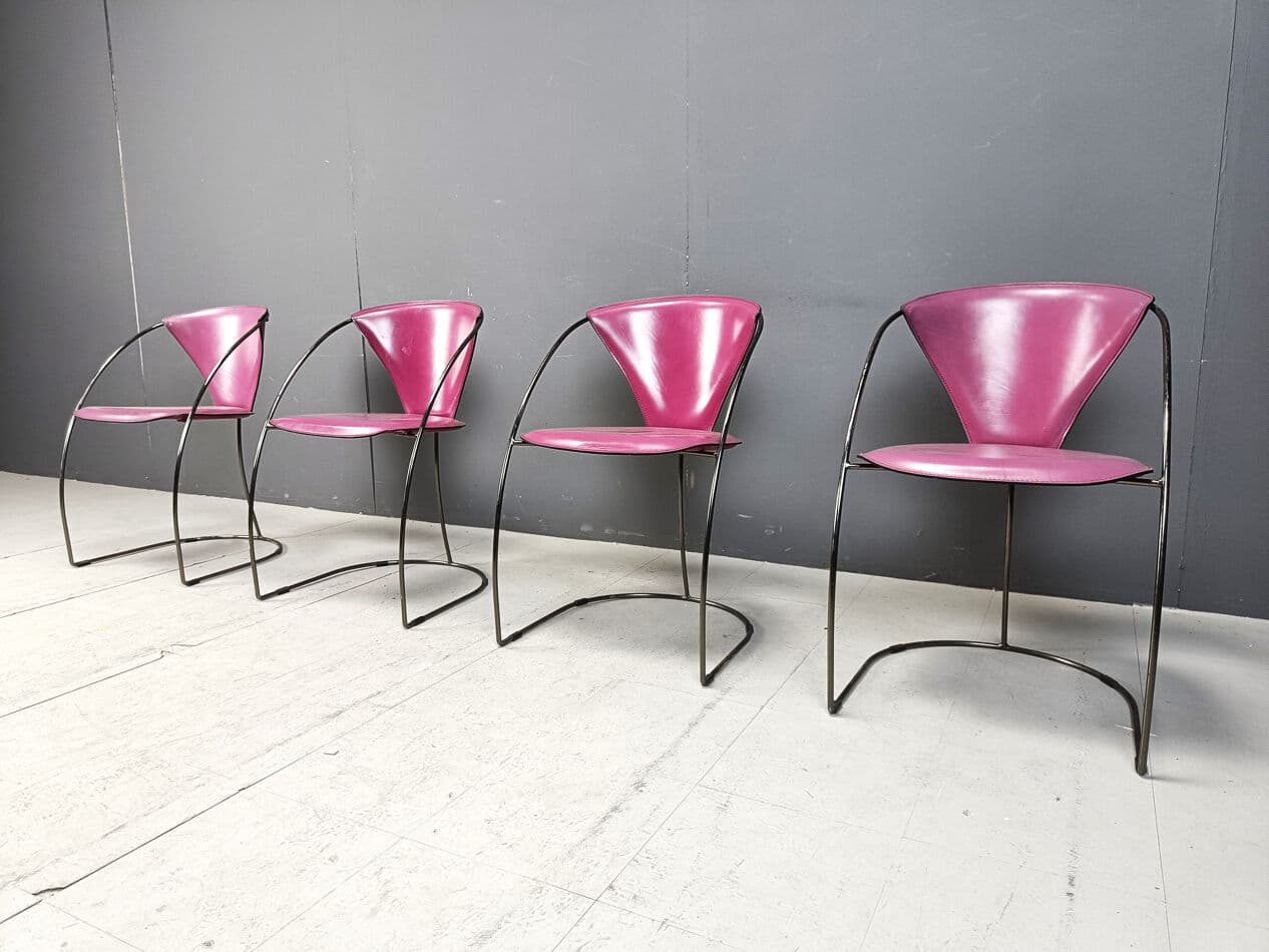 Set of four chairs Linda, pink leather, black metal, Arrben, Italy, 1980s. - 331479