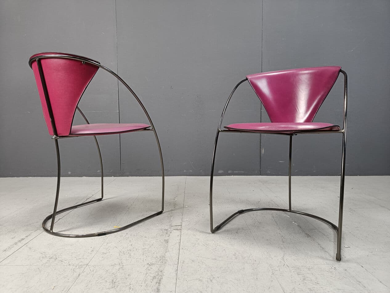 Set of four chairs Linda, pink leather, black metal, Arrben, Italy, 1980s. - 331488