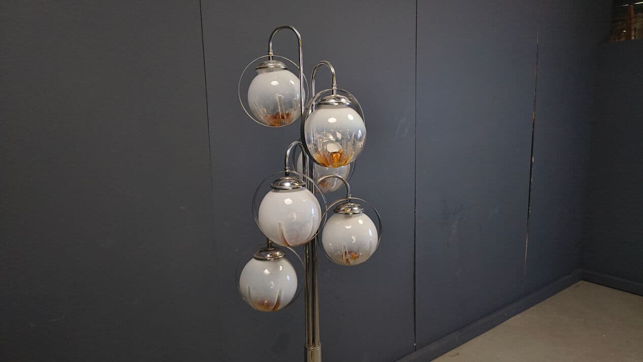 Floor lamp, Murano, transparent yellow glass, chrome, white marble, Mazzega, Italy, 1970s. - 331439