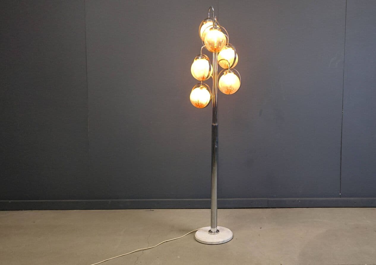 Floor lamp, Murano, transparent yellow glass, chrome, white marble, Mazzega, Italy, 1970s. - 331431