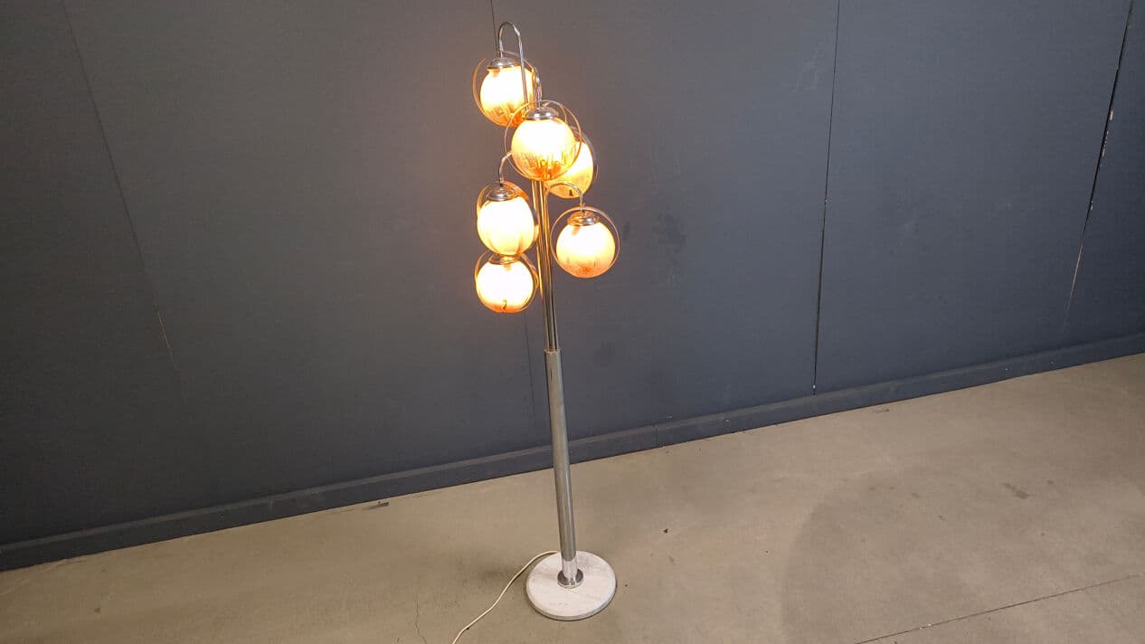 Floor lamp, Murano, transparent yellow glass, chrome, white marble, Mazzega, Italy, 1970s. - 331440