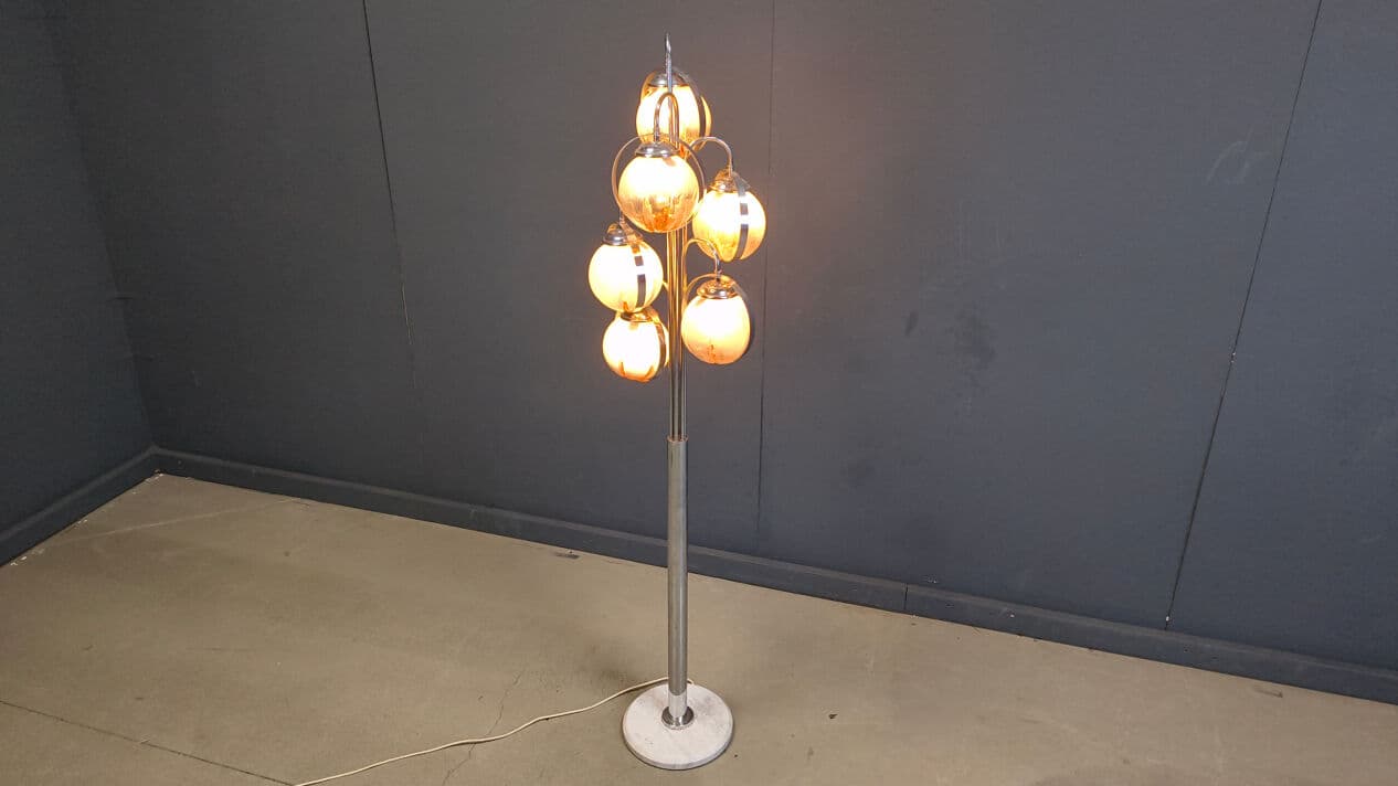 Floor lamp, Murano, transparent yellow glass, chrome, white marble, Mazzega, Italy, 1970s. - 331437