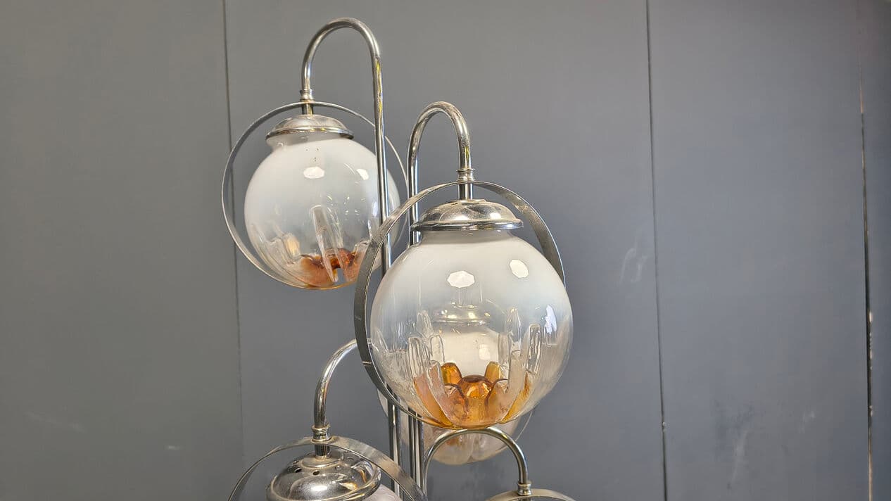 Floor lamp, Murano, transparent yellow glass, chrome, white marble, Mazzega, Italy, 1970s. - 331432