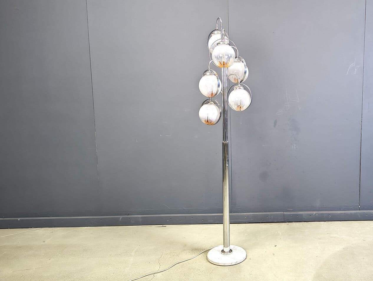 Floor lamp, Murano, transparent yellow glass, chrome, white marble, Mazzega, Italy, 1970s. - 331436