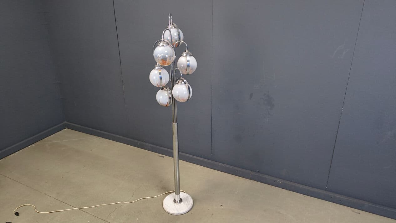 Floor lamp, Murano, transparent yellow glass, chrome, white marble, Mazzega, Italy, 1970s. - 331434