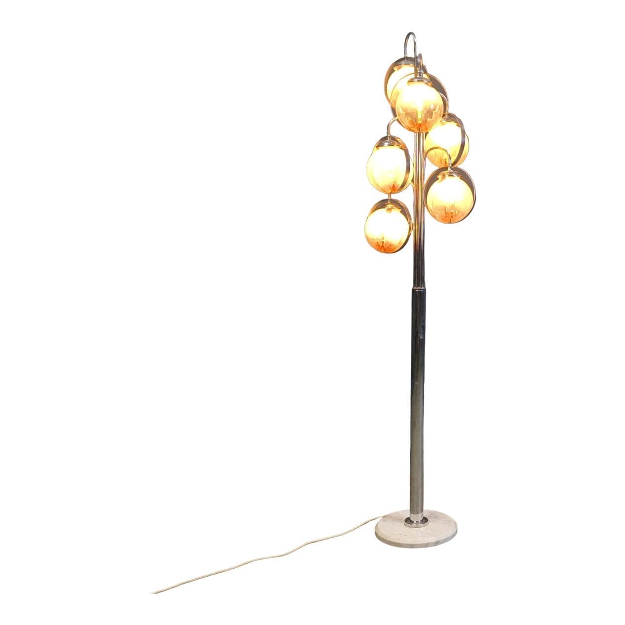 Floor lamp, Murano, transparent yellow glass, chrome, white marble, Mazzega, Italy, 1970s.