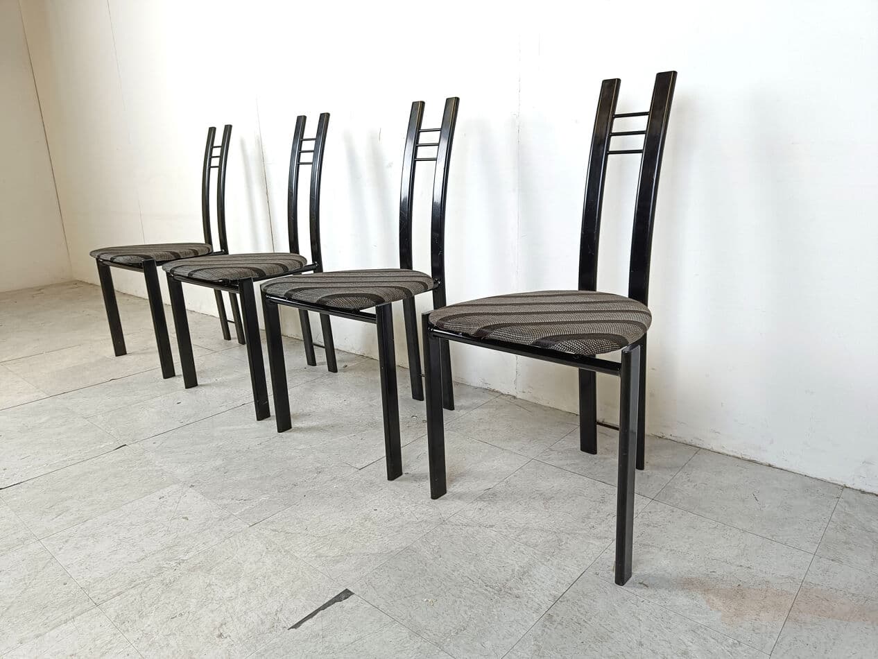 Set of four postmodern dining chairs, black metal, grey fabric, Belgium, 1980s. - 331414