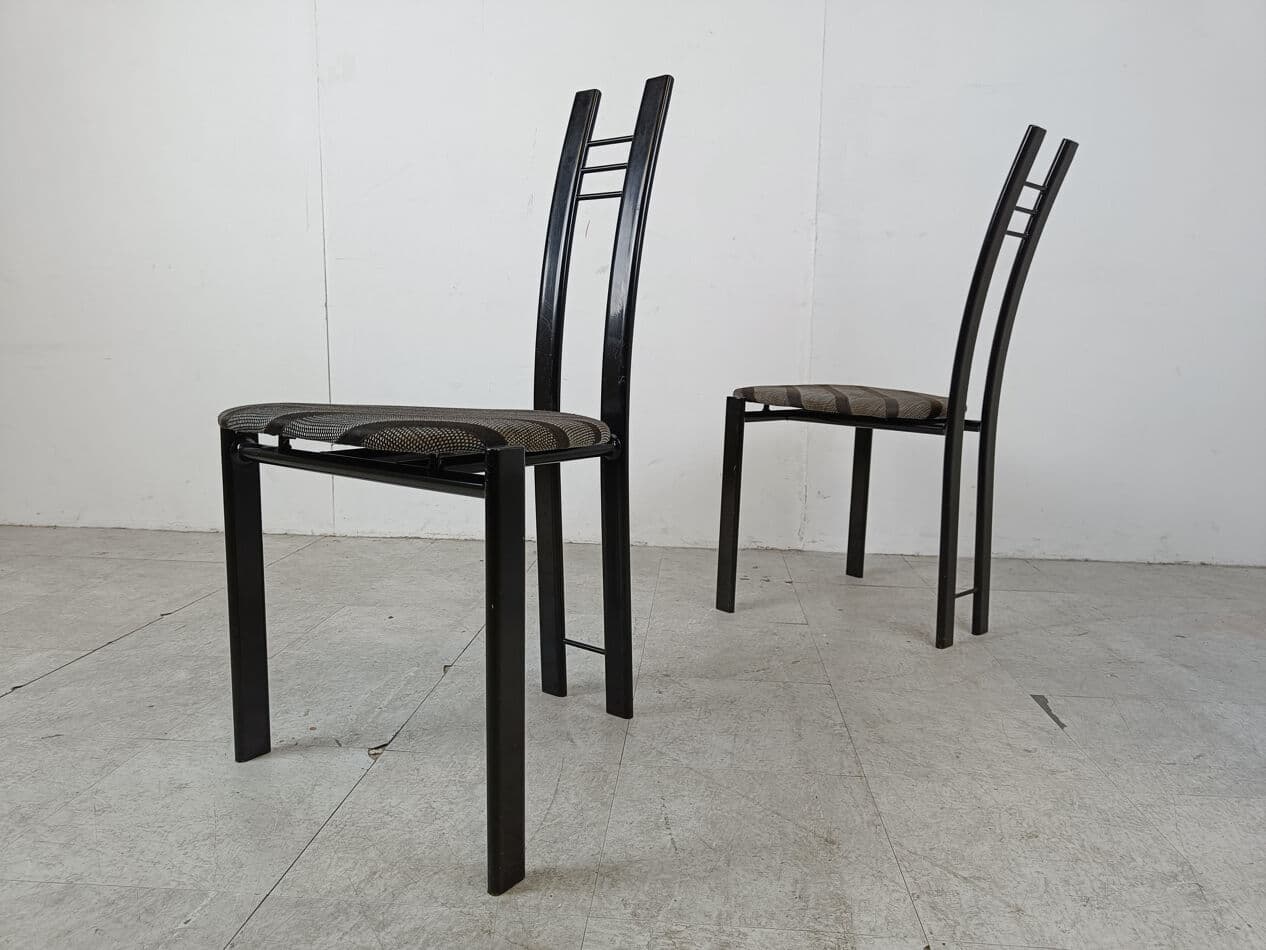 Set of four postmodern dining chairs, black metal, grey fabric, Belgium, 1980s. - 331410