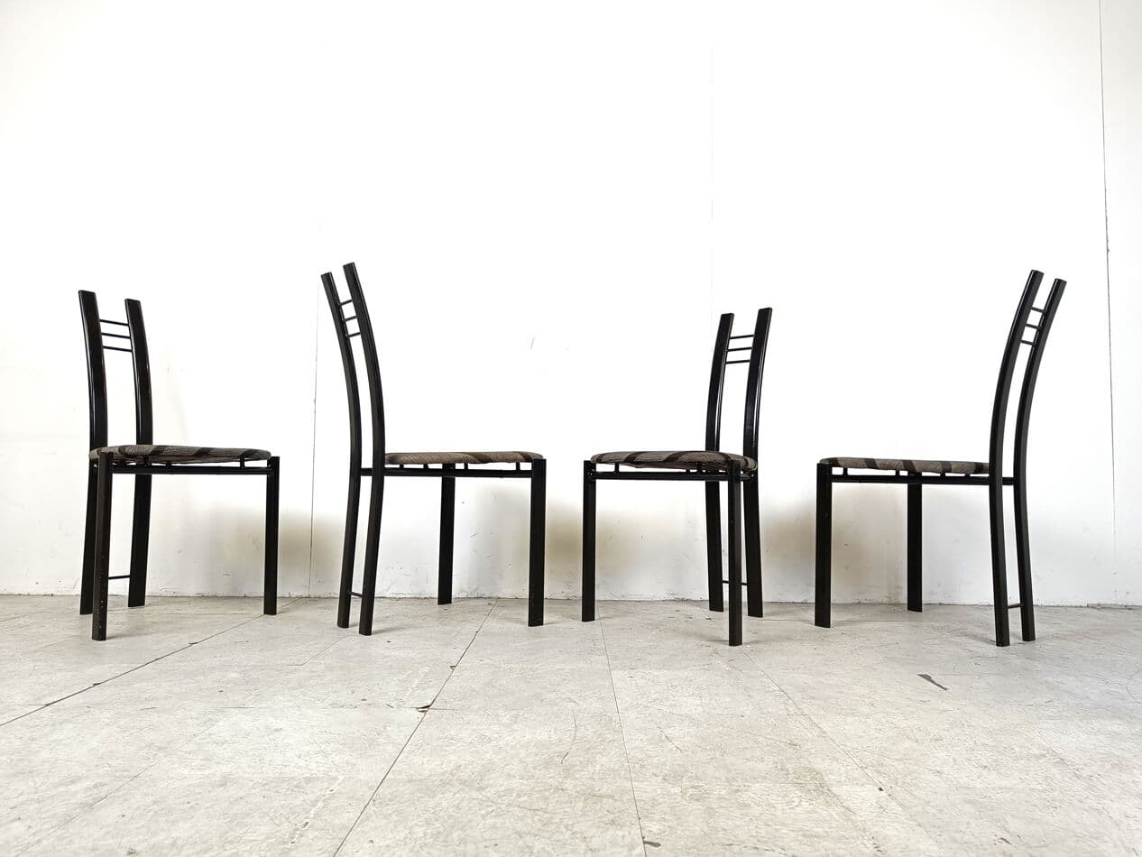 Set of four postmodern dining chairs, black metal, grey fabric, Belgium, 1980s. - 331411