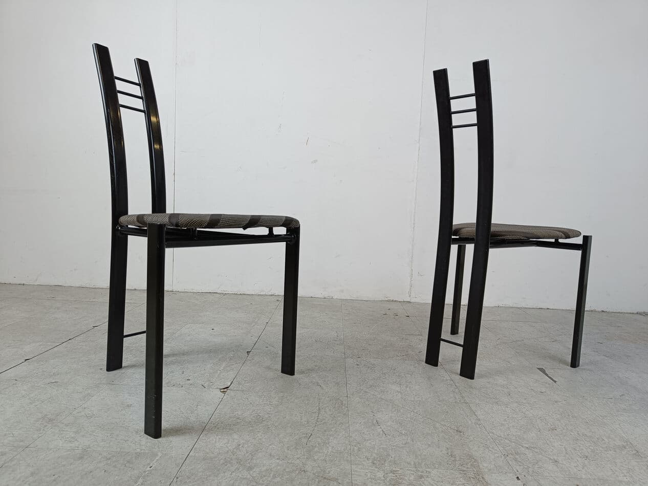 Set of four postmodern dining chairs, black metal, grey fabric, Belgium, 1980s. - 331412