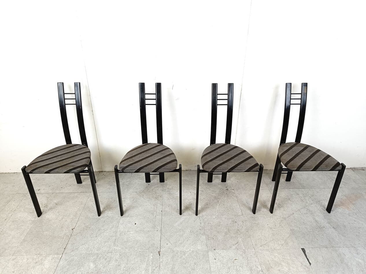 Set of four postmodern dining chairs, black metal, grey fabric, Belgium, 1980s. - 331415