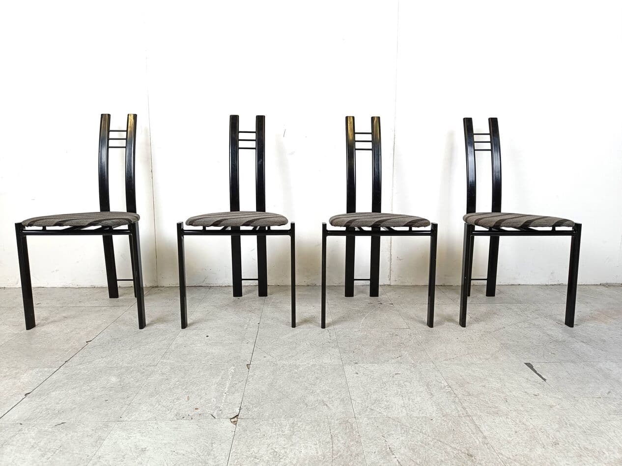 Set of four postmodern dining chairs, black metal, grey fabric, Belgium, 1980s. - 331416