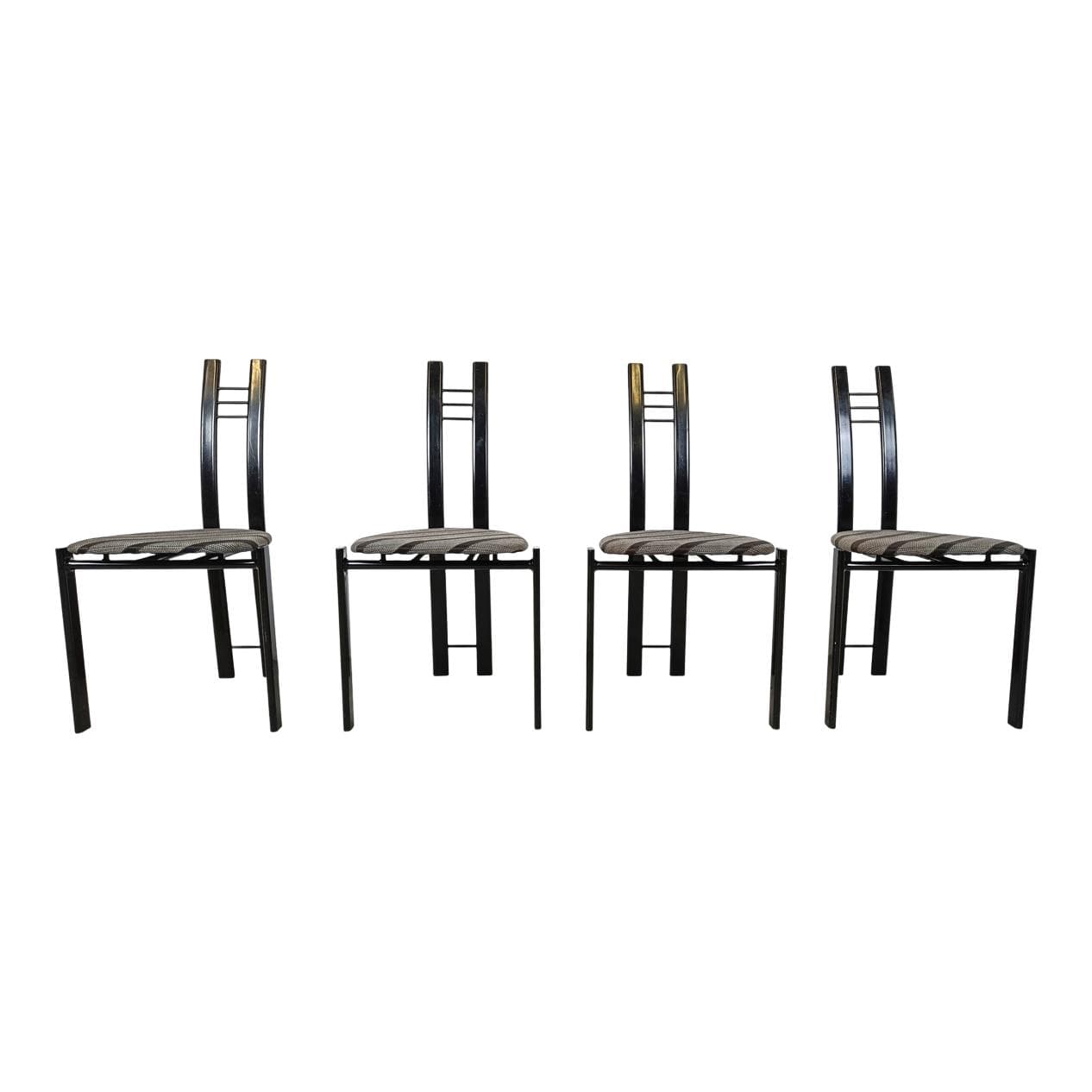Set of four postmodern dining chairs, black metal, grey fabric, Belgium, 1980s.