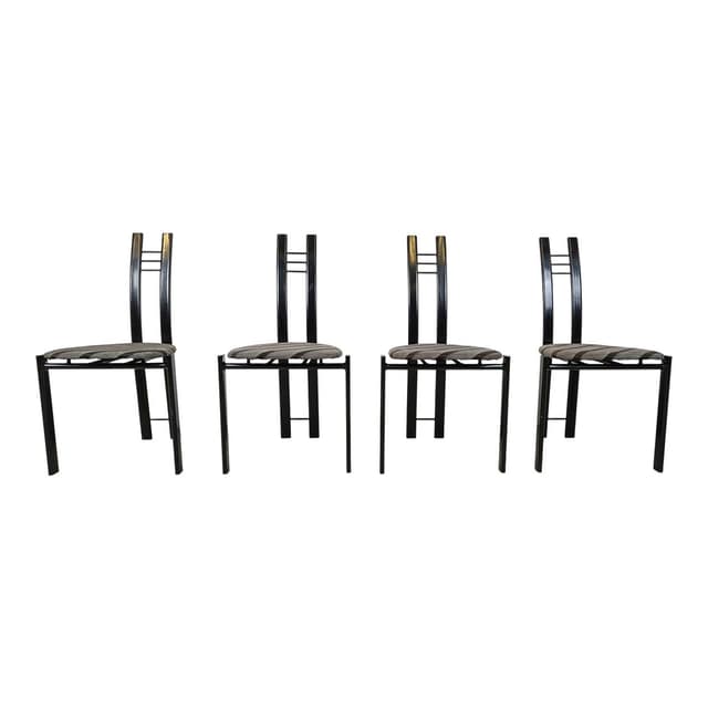 Set of four postmodern dining chairs, black metal, grey fabric, Belgium, 1980s. - DIMENSION