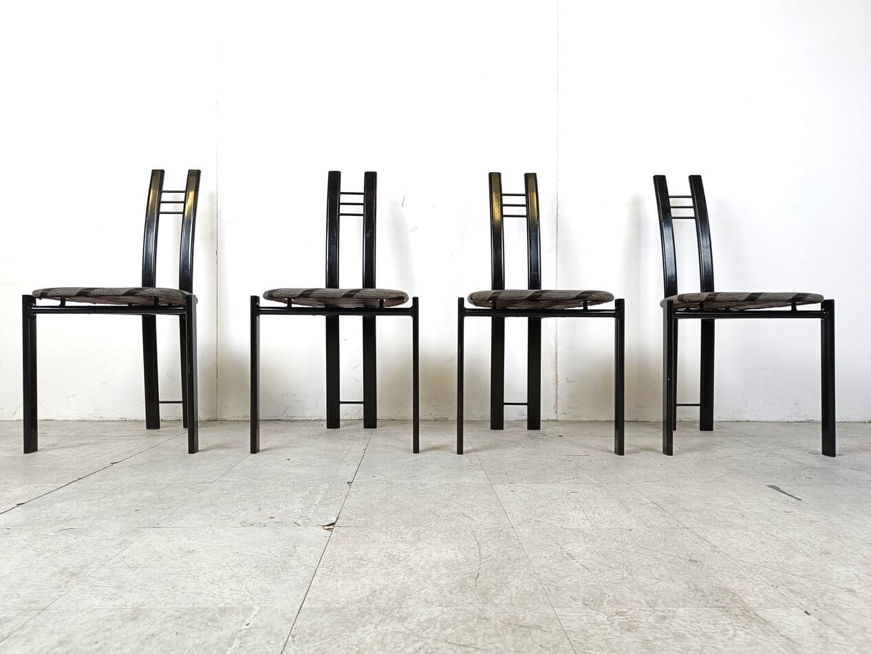 Set of four postmodern dining chairs, black metal, grey fabric, Belgium, 1980s. - 331413