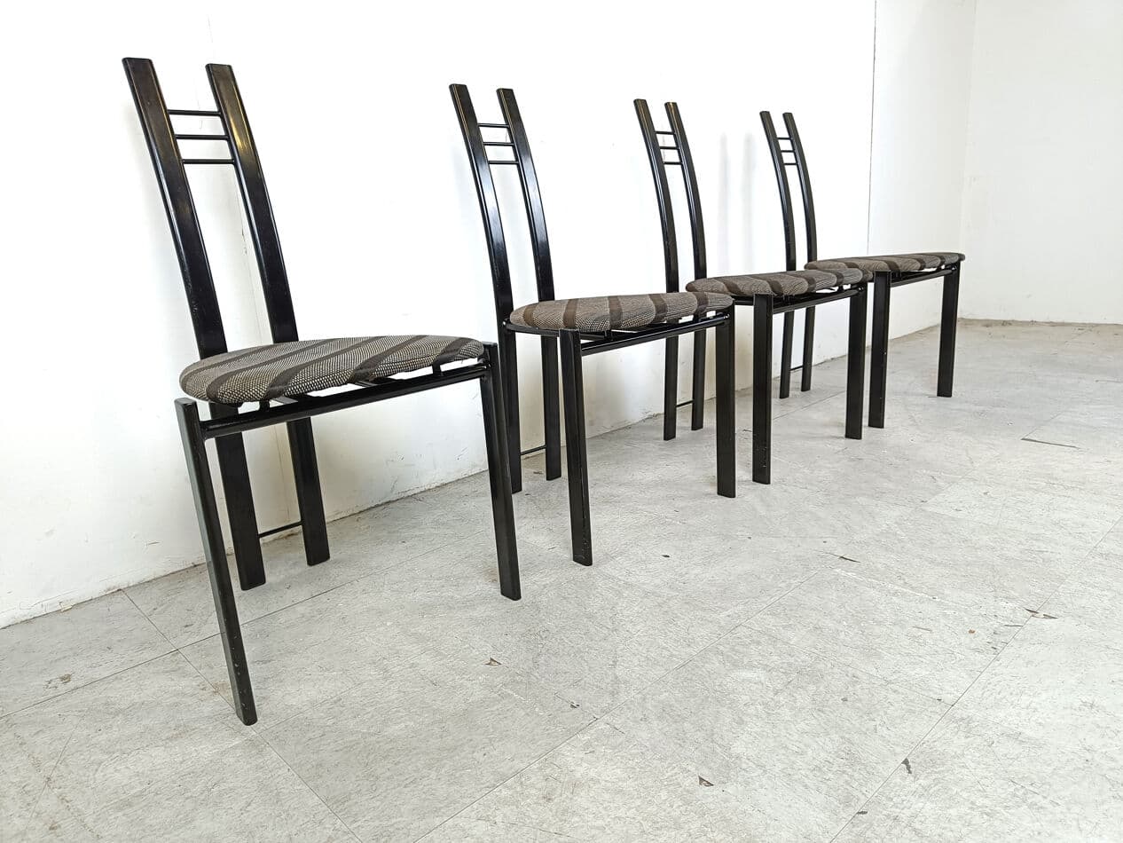 Set of four postmodern dining chairs, black metal, grey fabric, Belgium, 1980s. - 331409