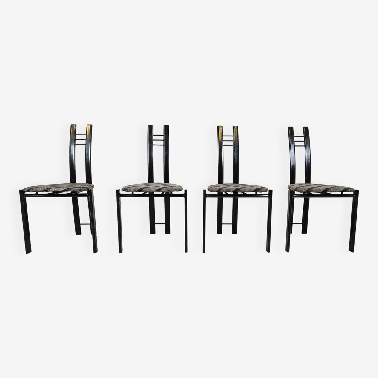 Set of four postmodern dining chairs, black metal, grey fabric, Belgium, 1980s. - 331417