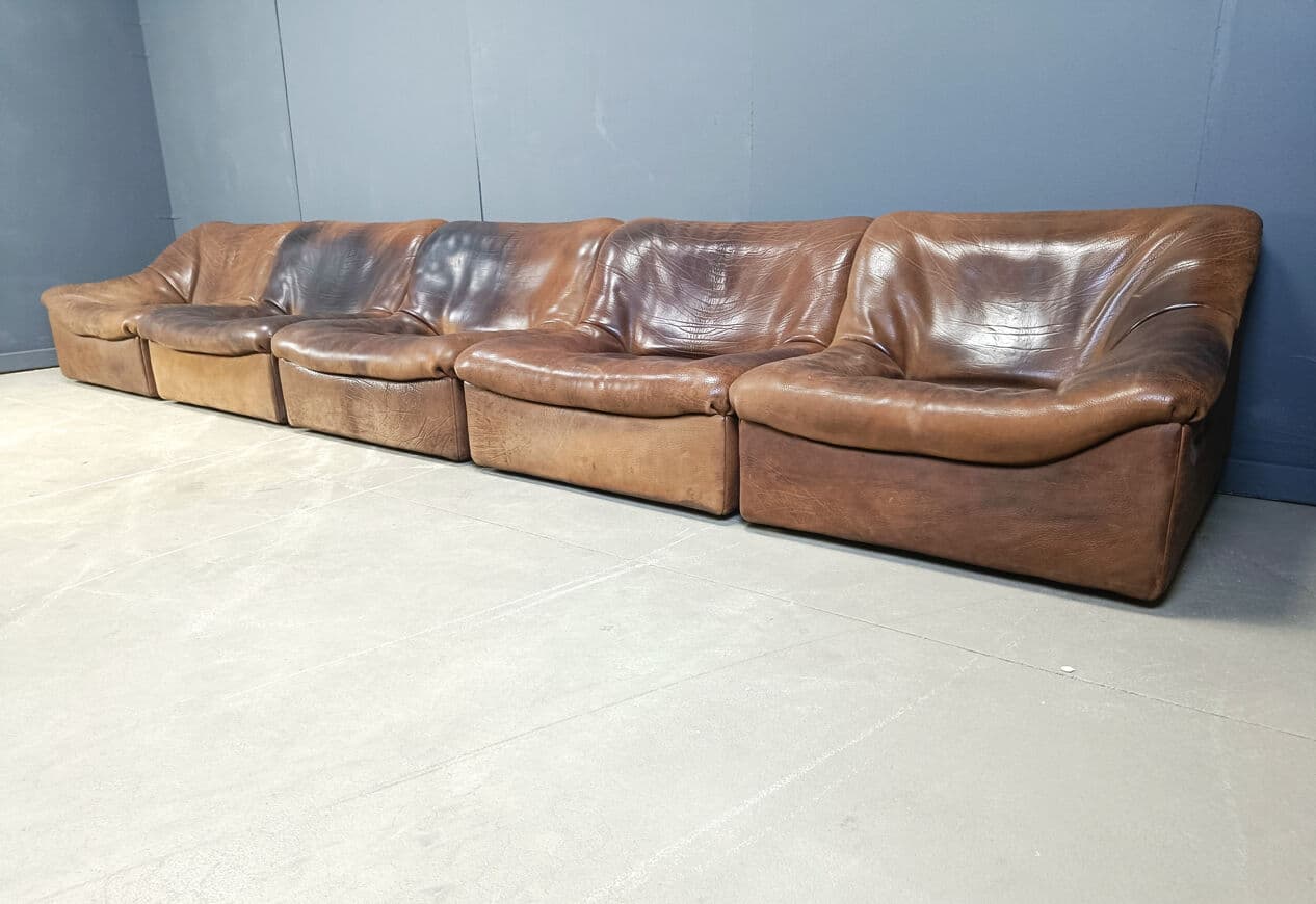Set of Five Modular Sofas DS46, brown leather, De Sede, Switzerland, 1970s. - 331403