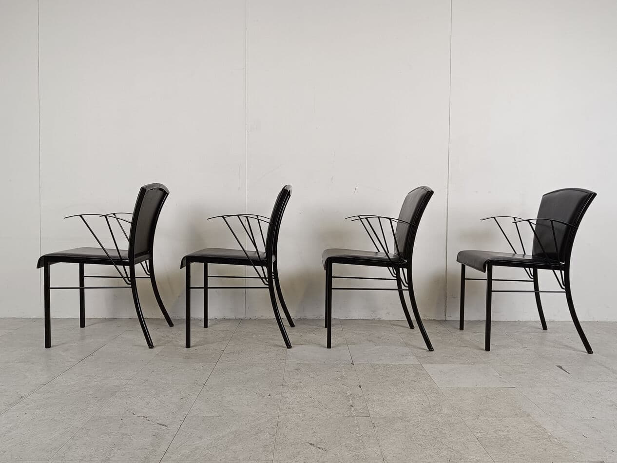 Set of four armchairs, black leather, black wood, black metal, Arrben, Italy, 1980s. - 331394