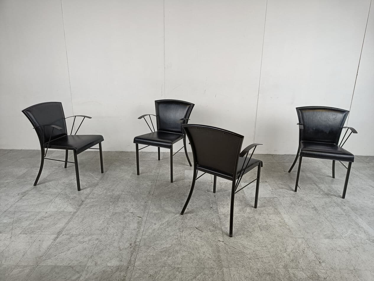 Set of four armchairs, black leather, black wood, black metal, Arrben, Italy, 1980s. - 331396