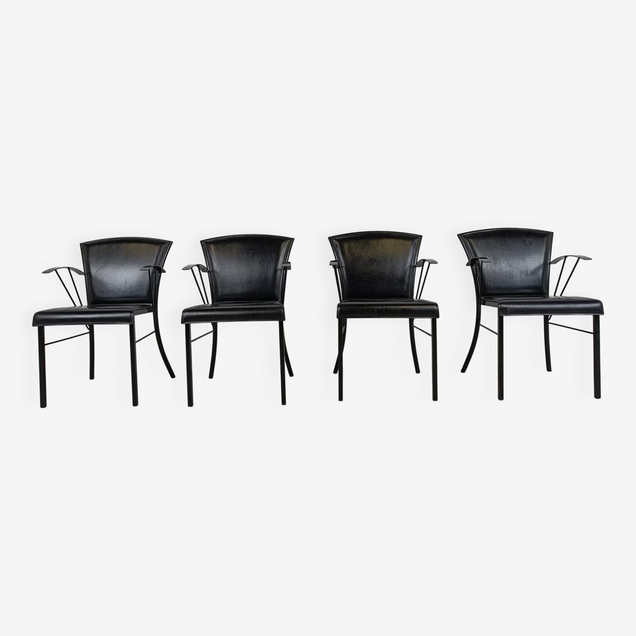 Set of four armchairs, black leather, black wood, black metal, Arrben, Italy, 1980s. - 331391