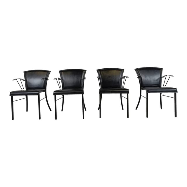 Set of four armchairs, black leather, black wood, black metal, Arrben, Italy, 1980s. - DIMENSION