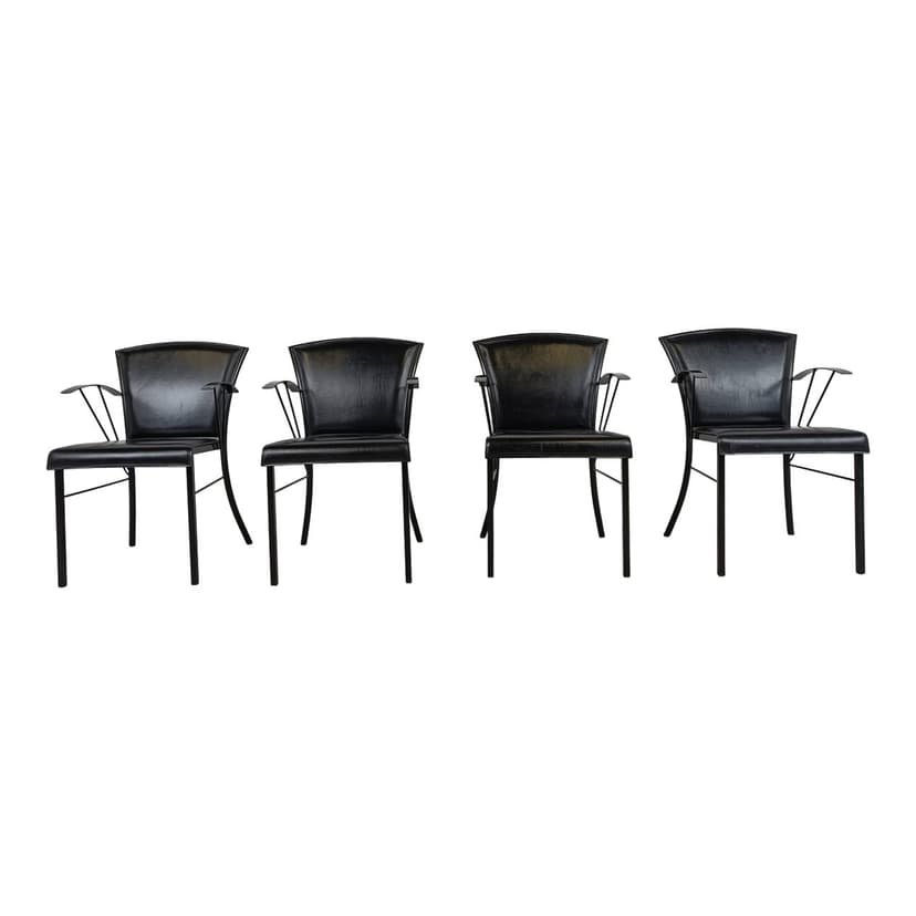 Set of four armchairs, black leather, black wood, black metal, Arrben, Italy, 1980s.