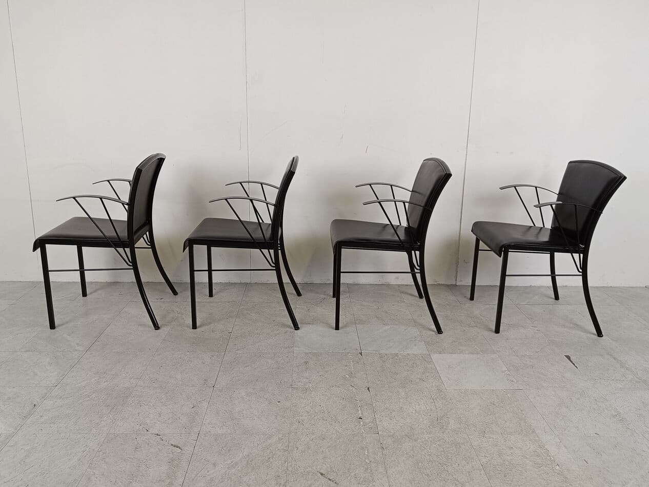 Set of four armchairs, black leather, black wood, black metal, Arrben, Italy, 1980s. - 331393