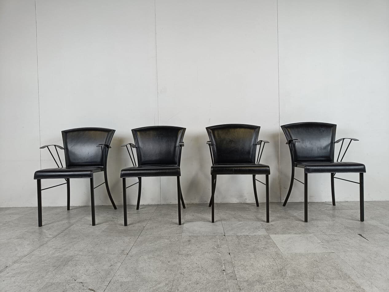 Set of four armchairs, black leather, black wood, black metal, Arrben, Italy, 1980s. - 331389
