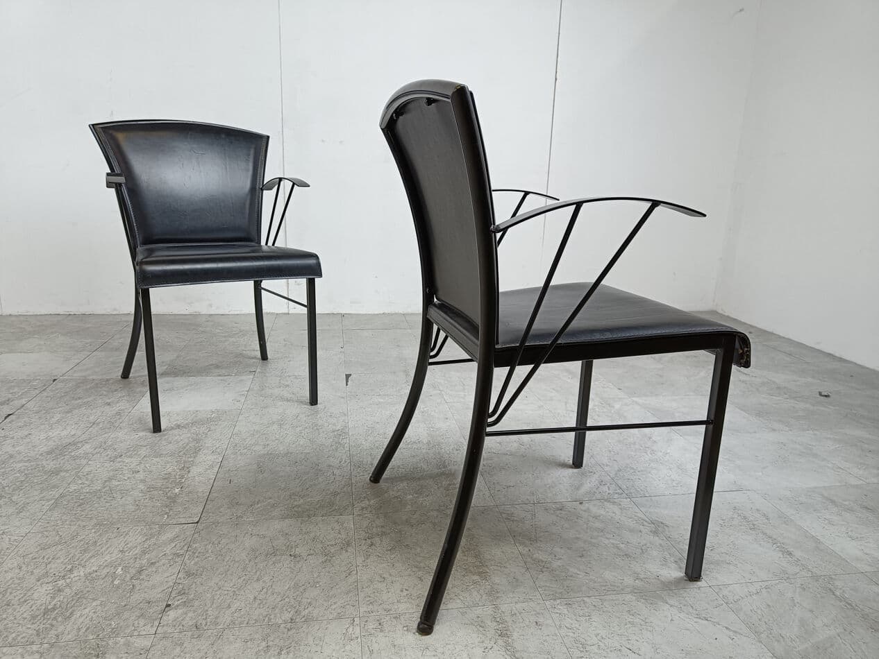 Set of four armchairs, black leather, black wood, black metal, Arrben, Italy, 1980s. - 331397