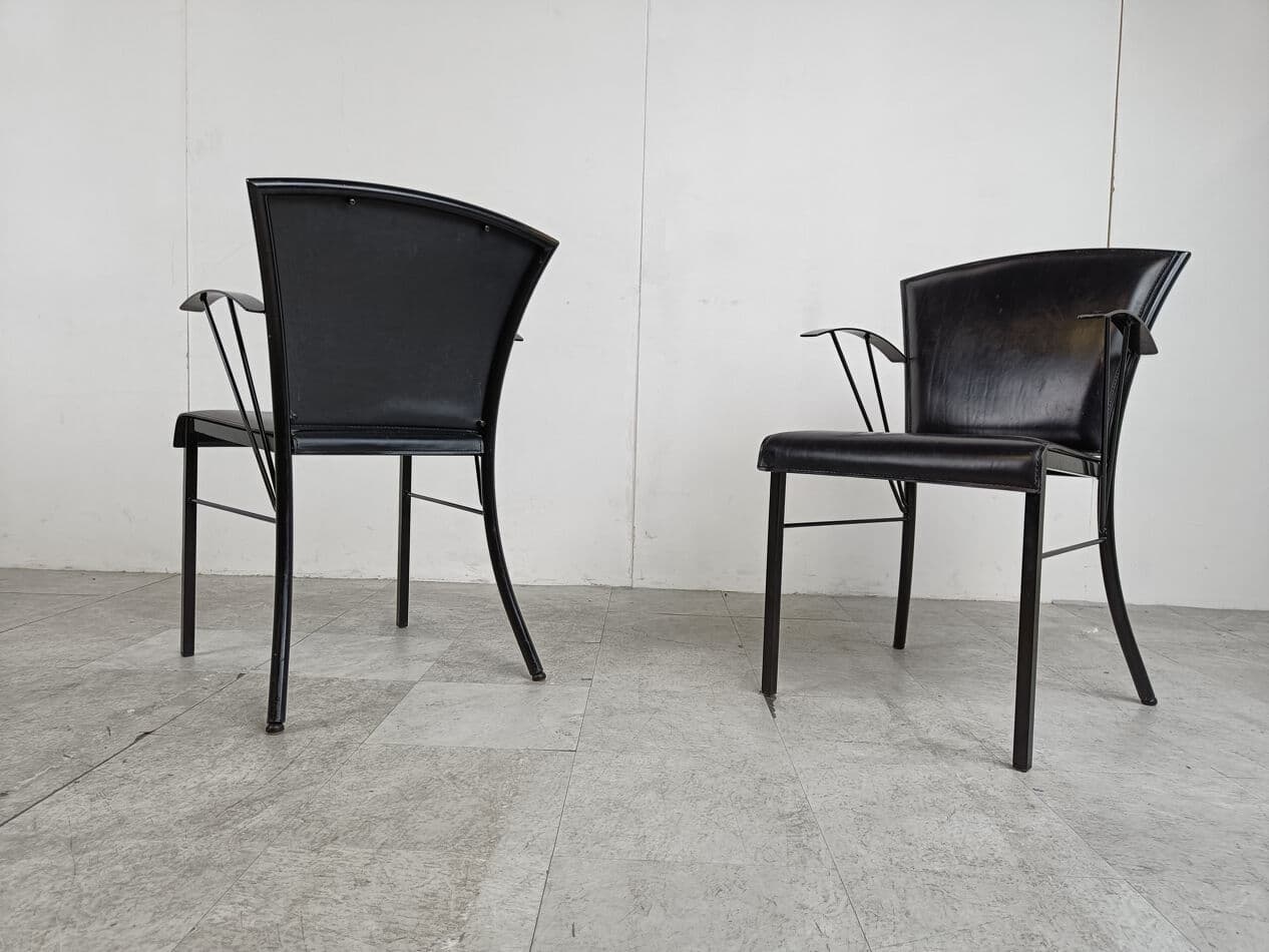 Set of four armchairs, black leather, black wood, black metal, Arrben, Italy, 1980s. - 331398