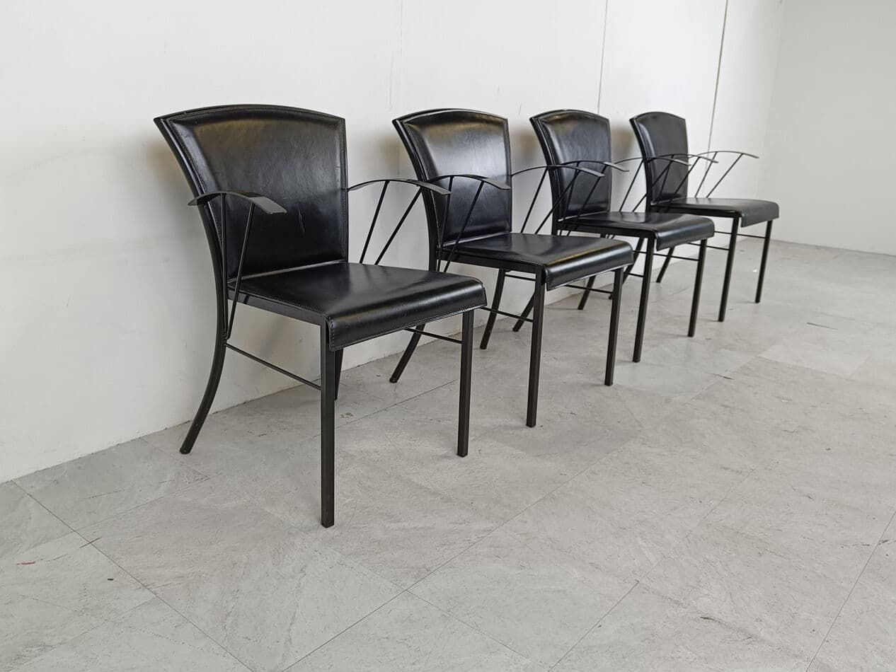 Set of four armchairs, black leather, black wood, black metal, Arrben, Italy, 1980s. - 331392