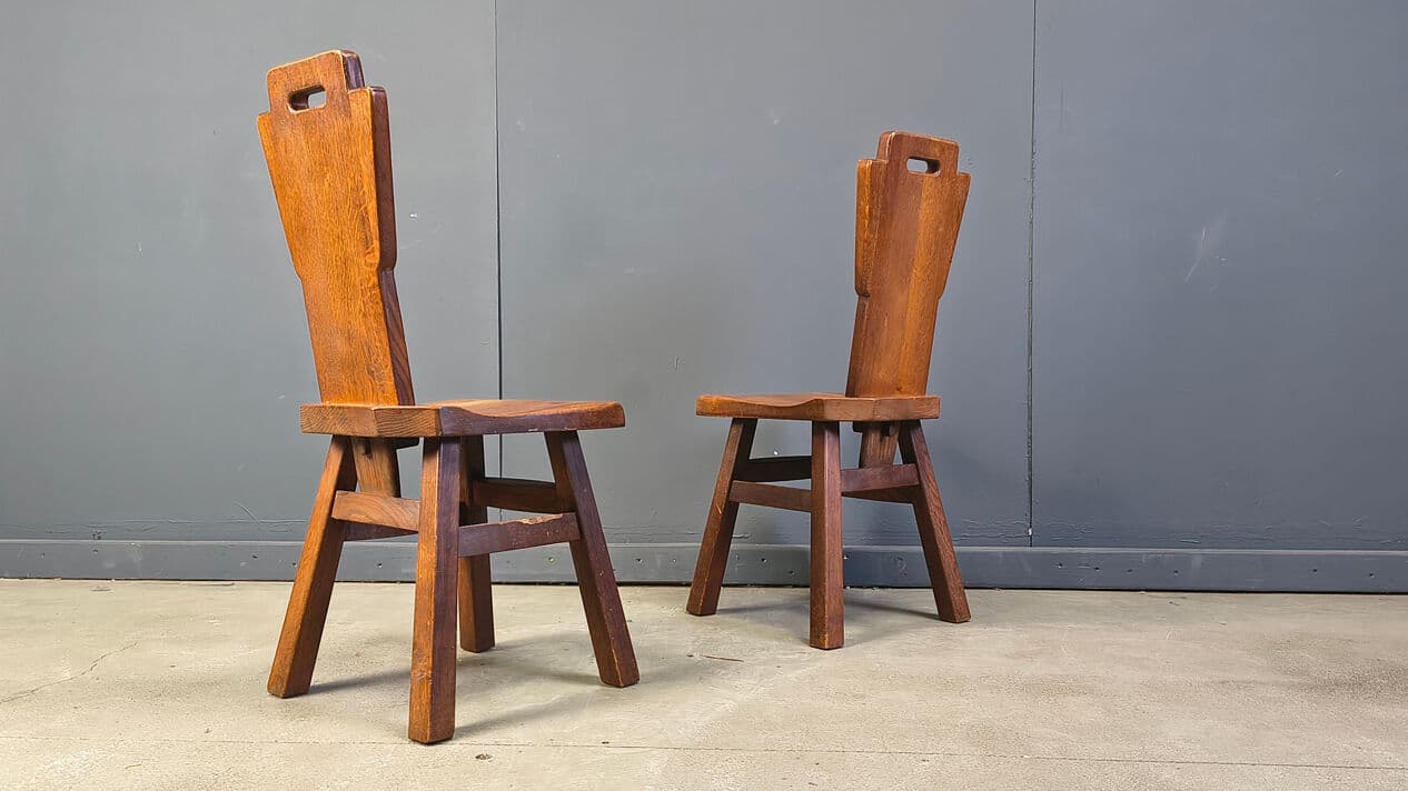 Set of six brutalist chairs, brown oak, Belgium, 1970s. - 331360