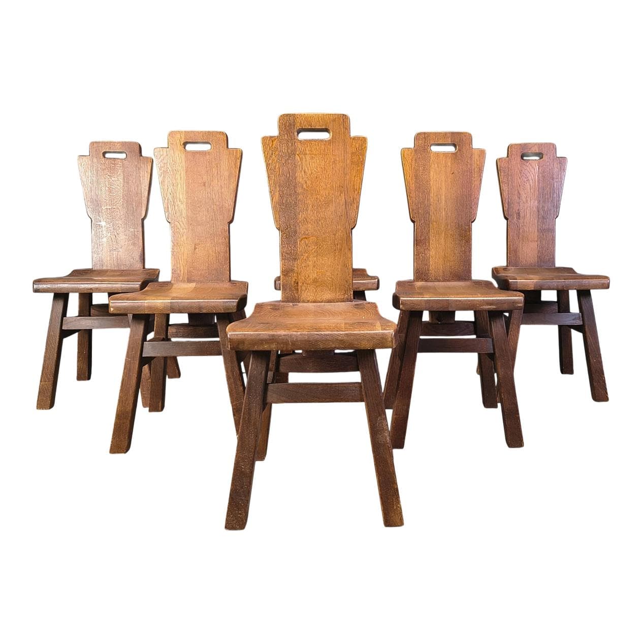 Set of six brutalist chairs, brown oak, Belgium, 1970s.