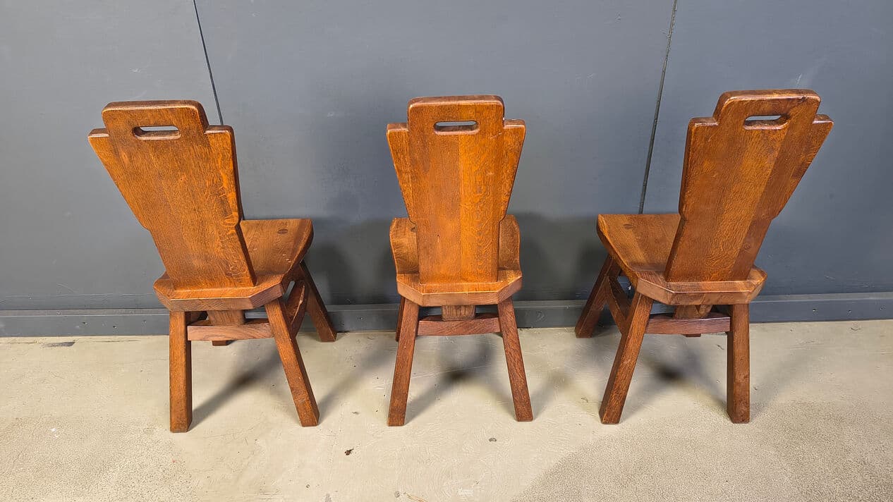 Set of six brutalist chairs, brown oak, Belgium, 1970s. - 331362