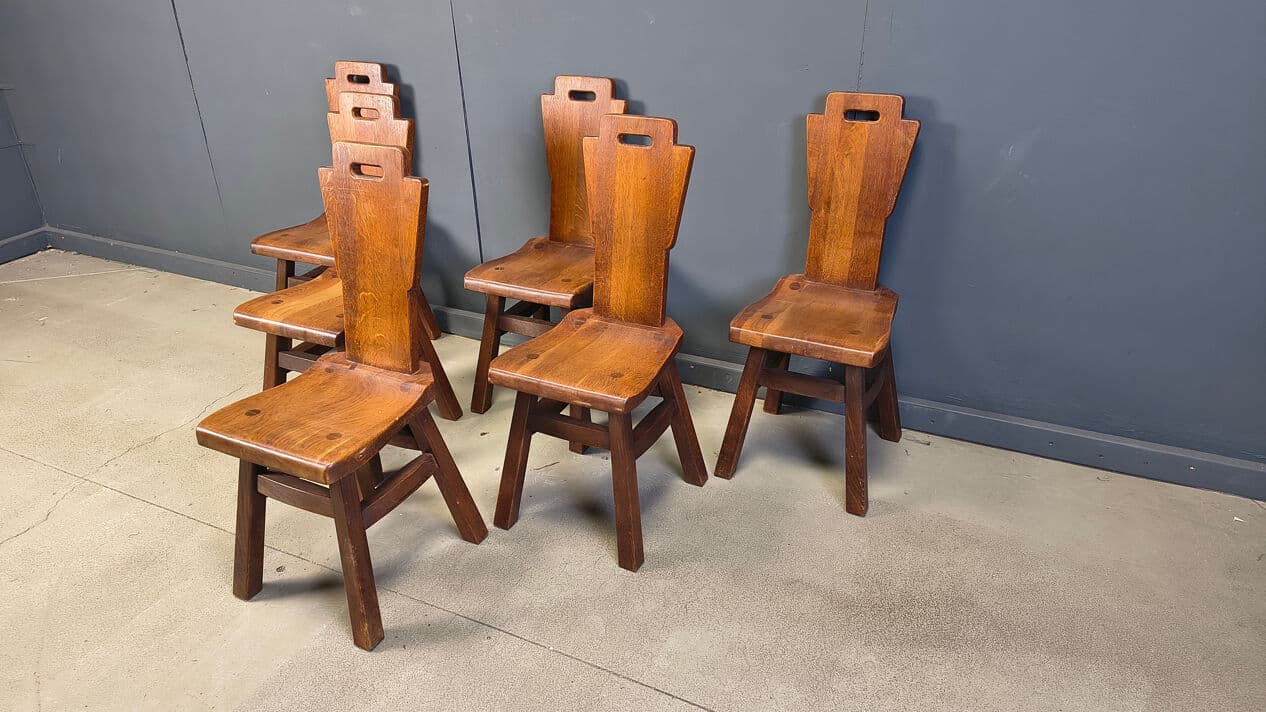 Set of six brutalist chairs, brown oak, Belgium, 1970s. - 331363