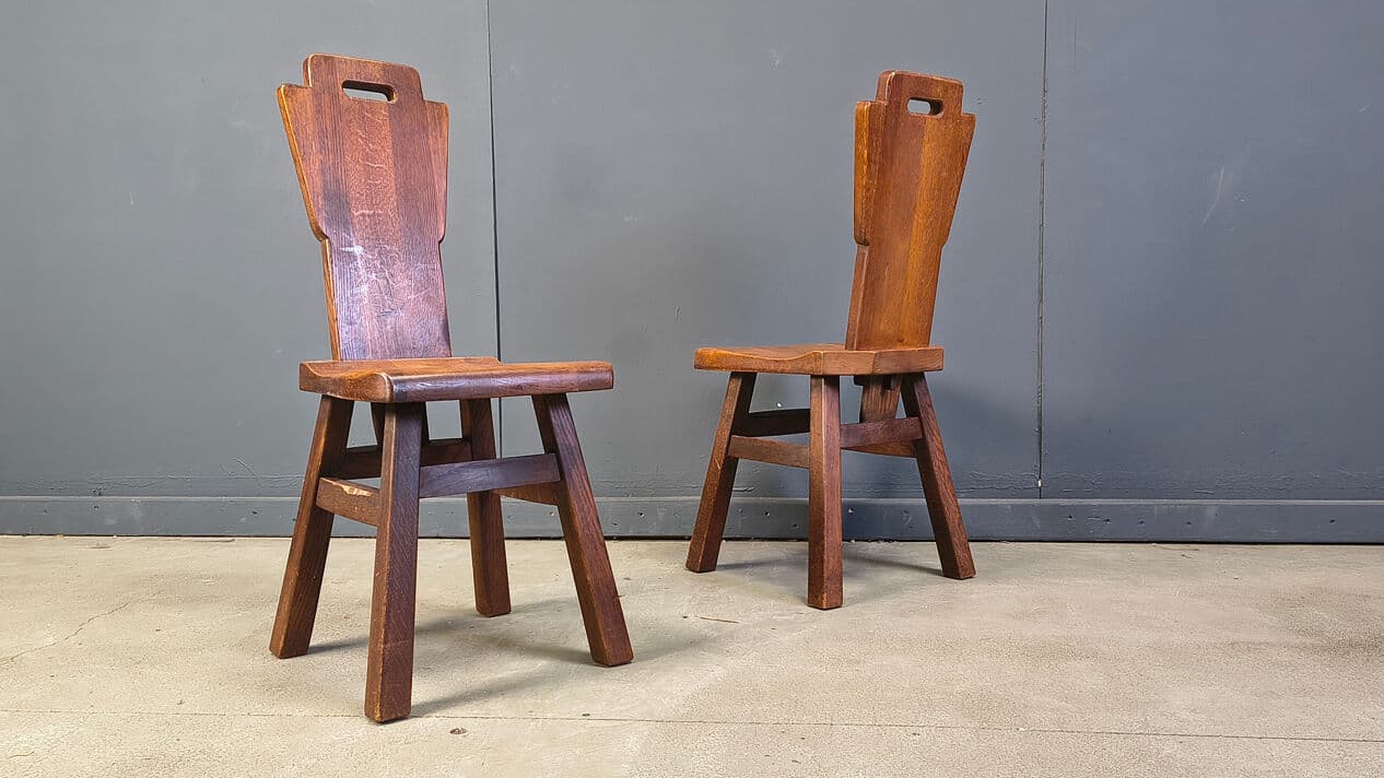 Set of six brutalist chairs, brown oak, Belgium, 1970s. - 331359