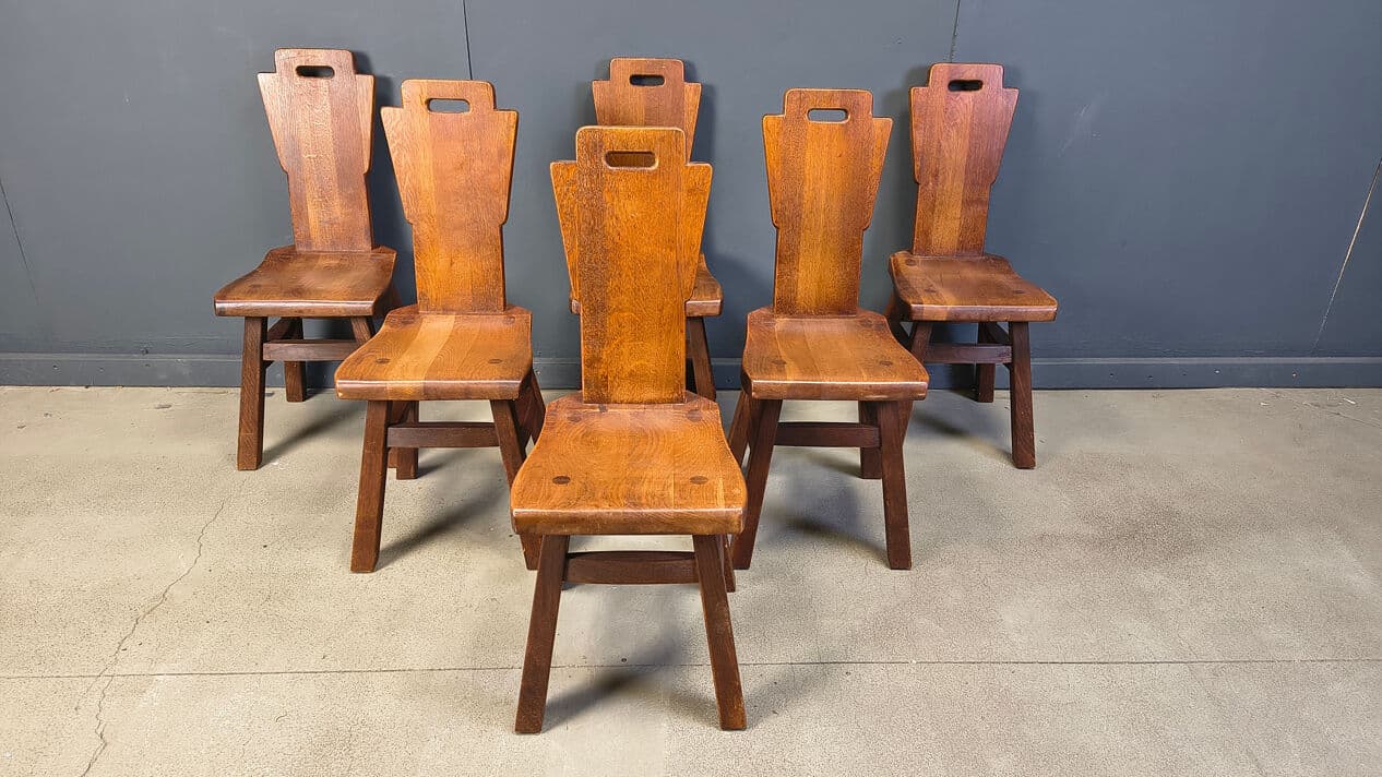 Set of six brutalist chairs, brown oak, Belgium, 1970s. - 331365