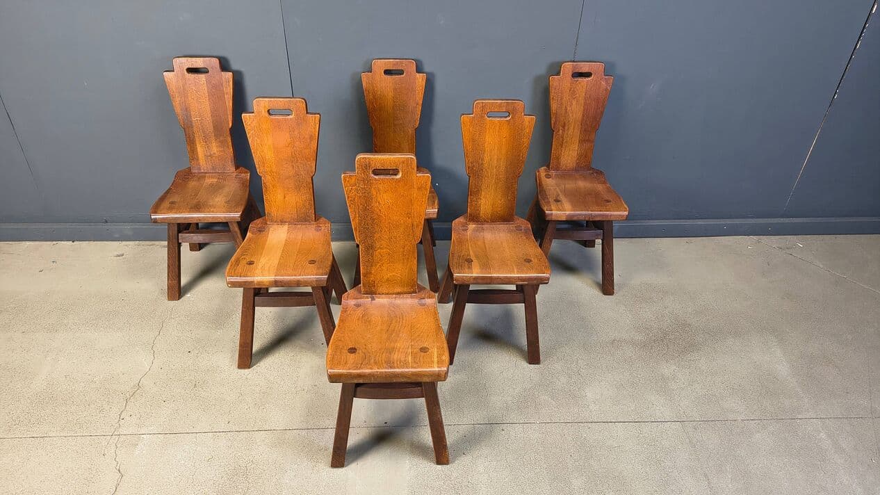 Set of six brutalist chairs, brown oak, Belgium, 1970s. - 331366