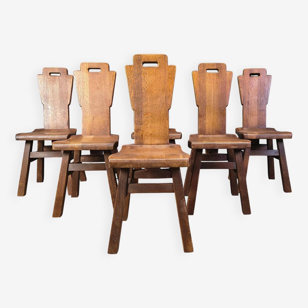 Set of six brutalist chairs, brown oak, Belgium, 1970s. - 331358